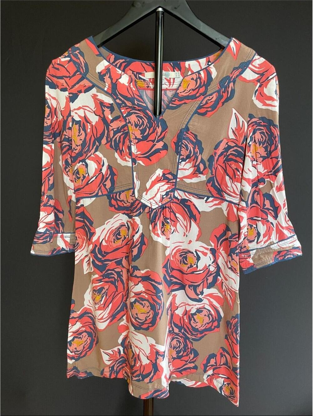 Boden Brown Coral Floral Tunic 4P Petite Empire Waist 3/4 Sleeve Retro Boho Twee